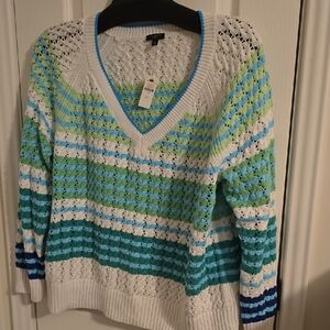 Talbots V-Neck Sweater Blue and Green Chevron Knit